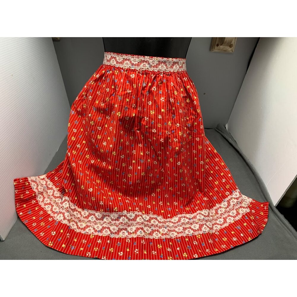 Handmade Vintage Red Floral Apron with White Lace Trim Tie Back